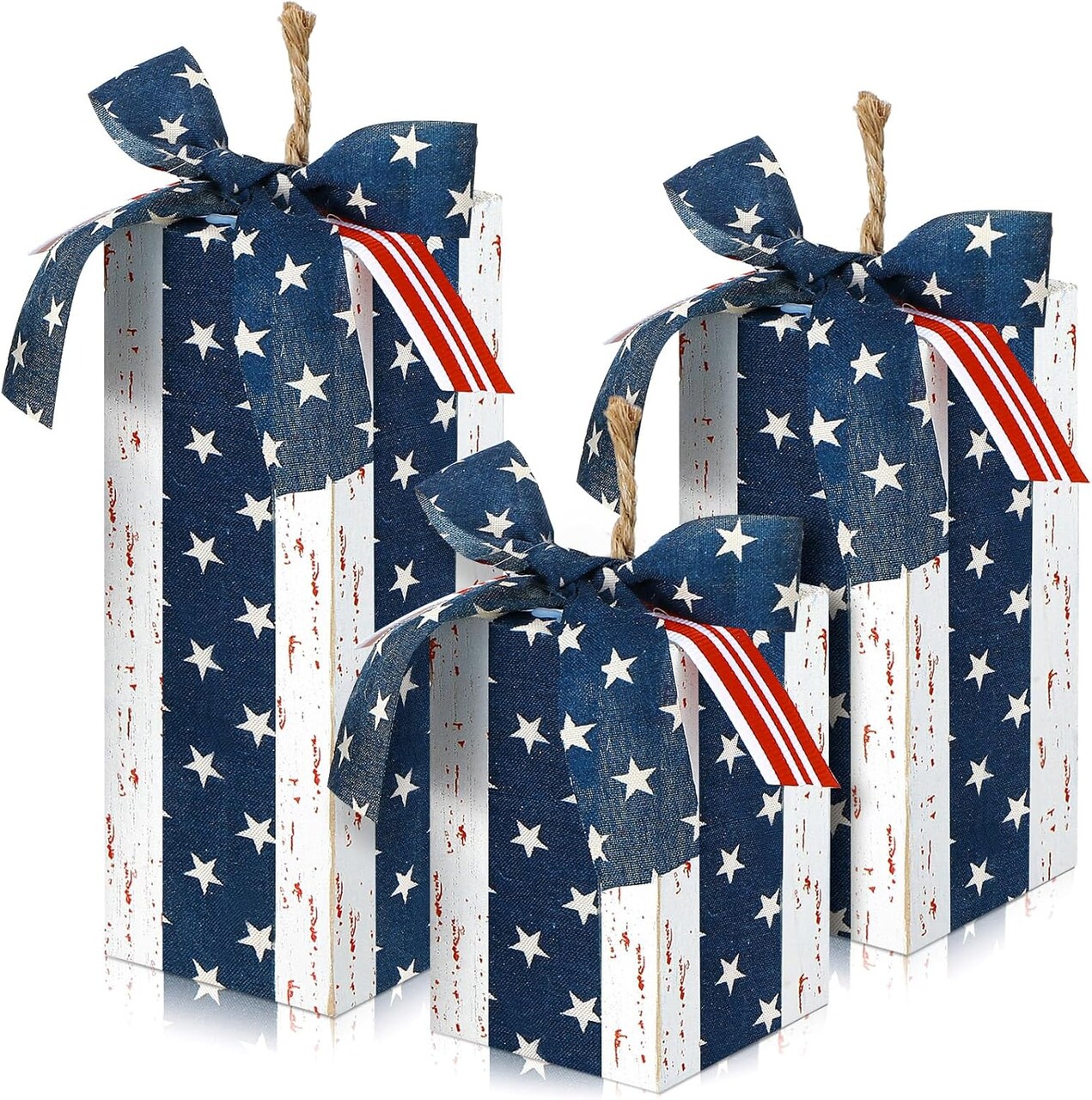3 Pcs 4th of July Wood Decor Rustic Memorial Day Decorations Patriotic Table Centerpiece with Bowknot Independence Day Wooden Blocks for Farmhouse Home Shelf Decor(White)